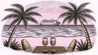 A couple watches the sunset from a romantic beach with a cruise ship on the horizon.