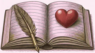 A feathered quill pen and crimson heart adorn an open blank book.