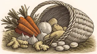 Fresh root vegetables and tubers tumbling from a basket onto rich garden soil.
