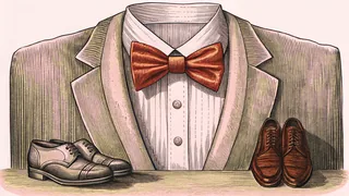 A sophisticated tuxedo jacket with crisp white shirt, bow tie, and polished shoes displayed.