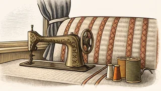 An empty bus seat beside a window, next to a sewing machine with spools of thread.