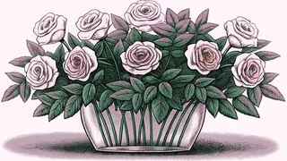 Deep crimson roses with their thorns intact cluster in a crystal vase.
