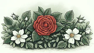 Crimson hybrid tea rose in full bloom displaying thorns and ripening rose hips on green stems.