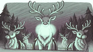 Red-nosed reindeer poised to guide Santa's sleigh through misty night air