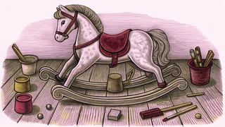 A carousel horse stands over spilled paint pots and brushes arranged on a bright wooden playroom floor.