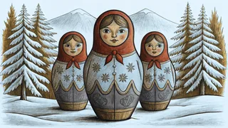 A set of matryoshka dolls sits beside a snow-covered pine forest and a distant mountain range.