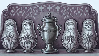 Four painted nesting dolls flanking a brass tea urn.
