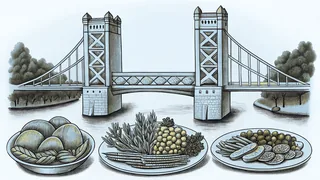 Farm-fresh produce displays sit beside Sacramento's iconic Tower Bridge.