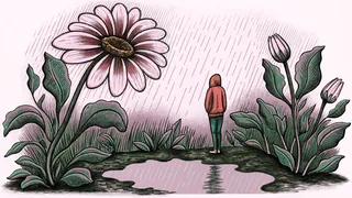 Solitary figure in rainfall beside a drooping flower and water.