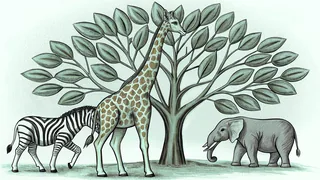 African wildlife including a giraffe, zebra, and elephant grazing on the golden savanna
