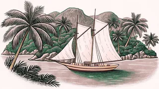 A sailing boat sits anchored in a harbor with tropical islands in view.