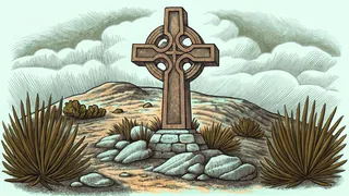 A weathered stone Celtic high cross alone on a windswept green hillside.