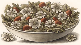 A fresh salad bowl layered with diverse greens and delicate flowers ready to be tossed.