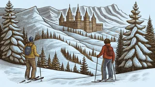 Skiers descend snowy slopes with the Salt Lake Temple visible below.