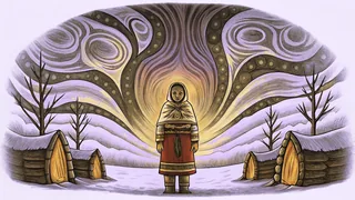 A spiritual guide summons the northern lights across an icy tundra.