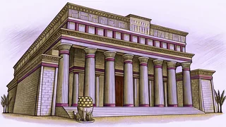 Ancient stone temple pillars standing near a powerful lion with sweet honeycomb displayed.