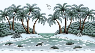 A sunny beach with palm trees overlooks the Pacific Ocean near a wildlife park