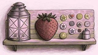 A row of enamel pin badges sits beside a strawberry and a paper lantern on a pastel shelf.