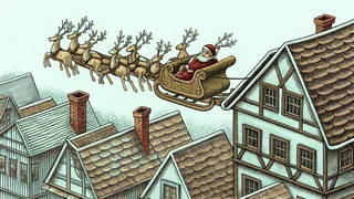 Santa's reindeer-drawn sleigh flies above snow-covered houses delivering holiday gifts.
