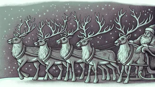 Team of reindeer in flight harness pulling loaded sleigh through starry winter sky