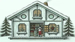 Elves work at a busy workbench surrounded by toys and Santa's sleigh.