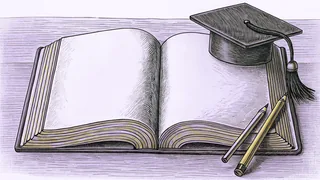 Blank book pages with sharpened pencils and a graduation cap arranged on a wooden desk.