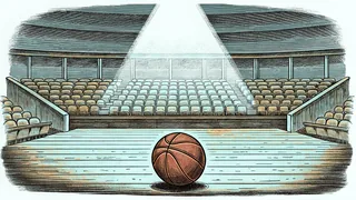 A school gymnasium with a basketball on the floor illuminated by a bright overhead spotlight.