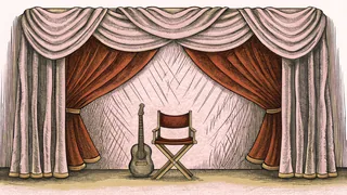 Musical instrument shapes and a director's chair arranged in front of a theatrical backdrop.