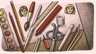 An organized collection of school supplies including crayons, paintbrushes, scissors, and rulers.