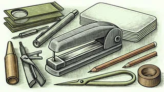 School supplies including stapler, compass, markers, and tape arranged on desk