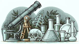 Scientists at work with lab equipment, fossils, and research specimens.