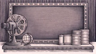 A cinema projector lens and small model globe sit on a shelf next to stacked vintage film canisters.