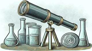 A telescope points skyward beside laboratory beakers filled with swirling reactions.