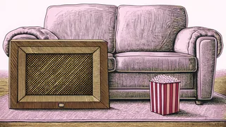 A vintage television set and popcorn container sit beside a sofa and side table on a living room carpet.