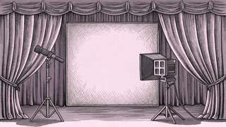 A boom microphone and studio camera rest beside a boxy television set.