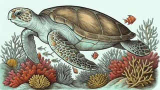 A sea turtle swims above a vibrant coral reef teeming with tropical fish and sea creatures