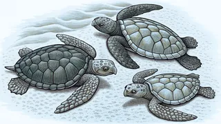 Sea turtles on a sandy beach and gliding through ocean waters gracefully.
