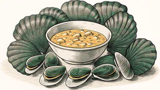 A steaming bowl of chowder beside seared scallops and mussels arranged on ice.