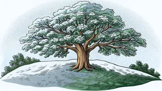 An oak tree on a hillside carries blossom on one side while snow drifts against its trunk.