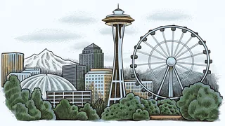 Seattle's iconic skyline with the Space Needle and Ferris wheel in rain.