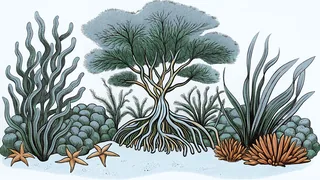A kelp forest canopy with swaying seaweed and marine plants in ocean current.