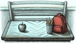 A wooden school desk with an apple and a cup of pencils, a red backpack hanging at its side.