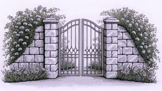 A locked garden gate covered in ivy opens to blooming flowers.