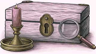 A brass keyhole on a locked wooden box, with a candle and a magnifying glass beside it.