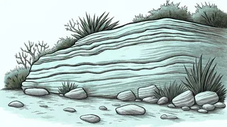 Sedimentary rock samples rest on river stones showing mineral composition.
