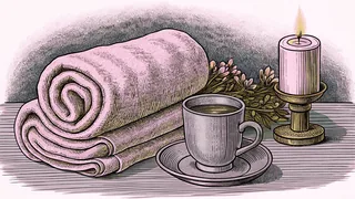 A folded towel and a lit candle beside a cup of dark tea, with a sprig of flowers behind them.