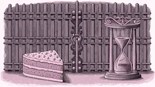 A slice of cake sits beside an hourglass and a locked iron gate.