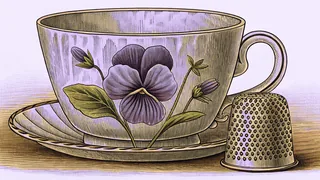 A china teacup on a saucer painted with a pansy stands beside a dotted silver thimble on a wooden table.