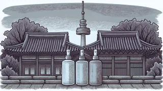 Seoul Tower rises behind traditional Korean houses with cosmetics and modern storefronts