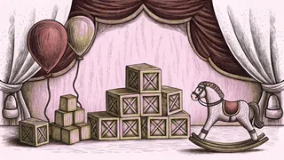 Wooden blocks and a carousel horse sit among floating balloons on a bright floor.